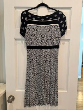 LOFT Black and White Midi Dress with Geometric Print